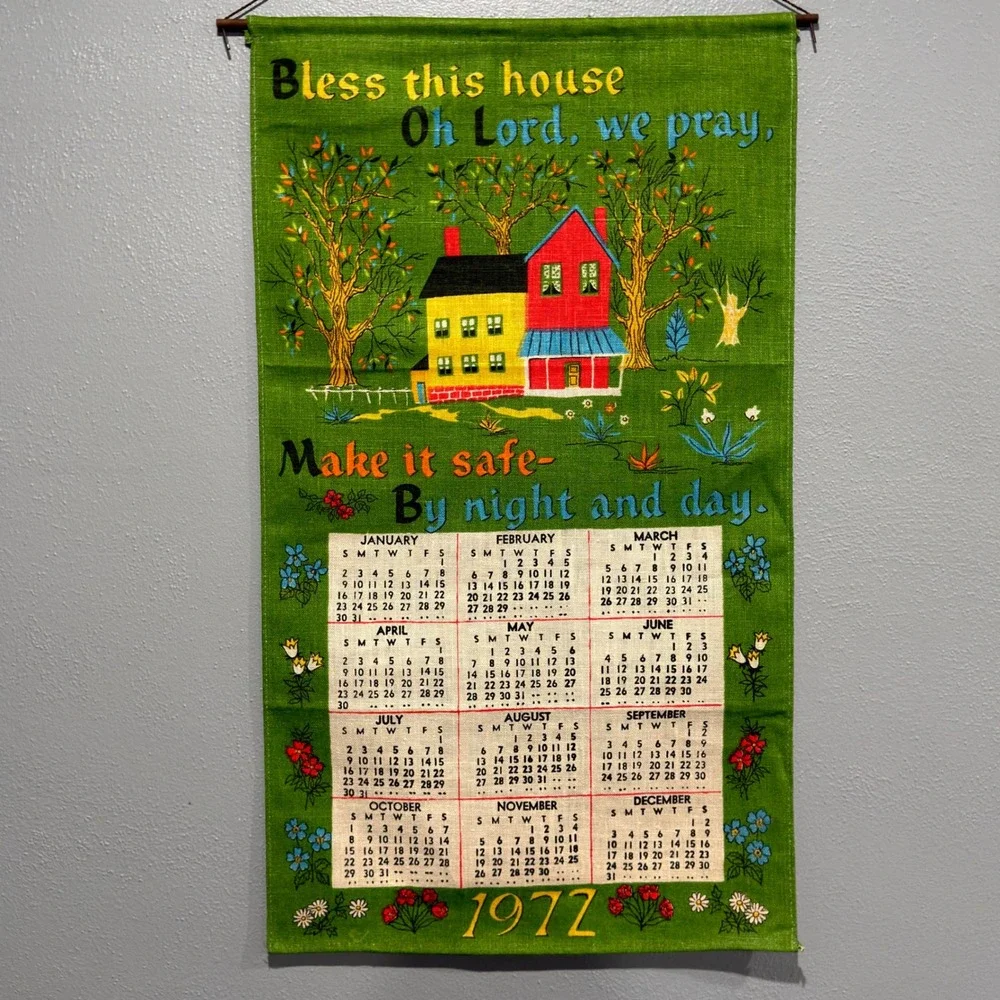 Vintage 1972 Linen Calendar Tea Towel Wall Hanging Bless This House Green 16x28